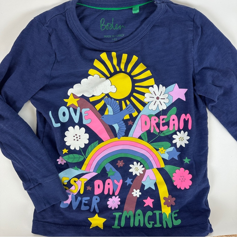 Boden Long Sleeve Girls 5-6Y Sunshine Shirt Happy Words Love Dream‎ Imagine Best